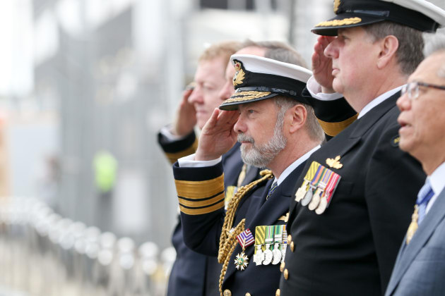 Paul Evans, Chief of Navy Tim Barrett, CDRE Craig Bourke, and the Governor of SA Hieu Van Le. Credit: AWD Alliance