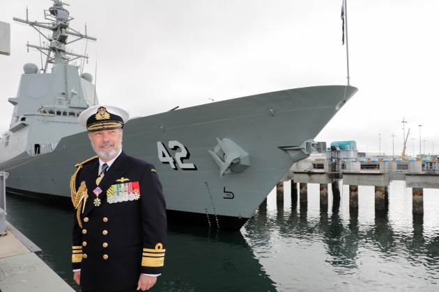 Chief of Navy Tim Barrett in front of the third AWD at the Sydney launch. Credit: AWD Alliance