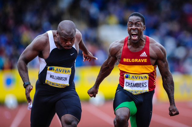 &copy; Harish Chavda. 
1st Prize &ndash; General category. Even though Dwain Chambers (right) was not considered to be one of the favourites at the UK Athletics Olympic trials in Birmingham, he definitely had something up his calves. As Dwain crossed the line, it dawned on him that he as an underdog had ripped through popular expectations. His roar and the twitch of every single muscle on his upper body reflected the triumph within.