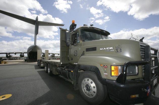 A Mack Fleetliner from Army's 26 Transport Section (26 TPT) prepares to be loaded aboard a RAAF C-17 Globemaster III heavy lift aircraft.
Credit: Defence