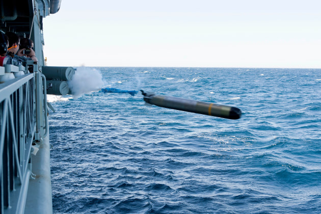 HMAS Stuart fires a live MU90 torpedo 'war shot' at a submerged static target in the EAXA (East Australian Exercise Area), off NSW's South Coast. (Defence)