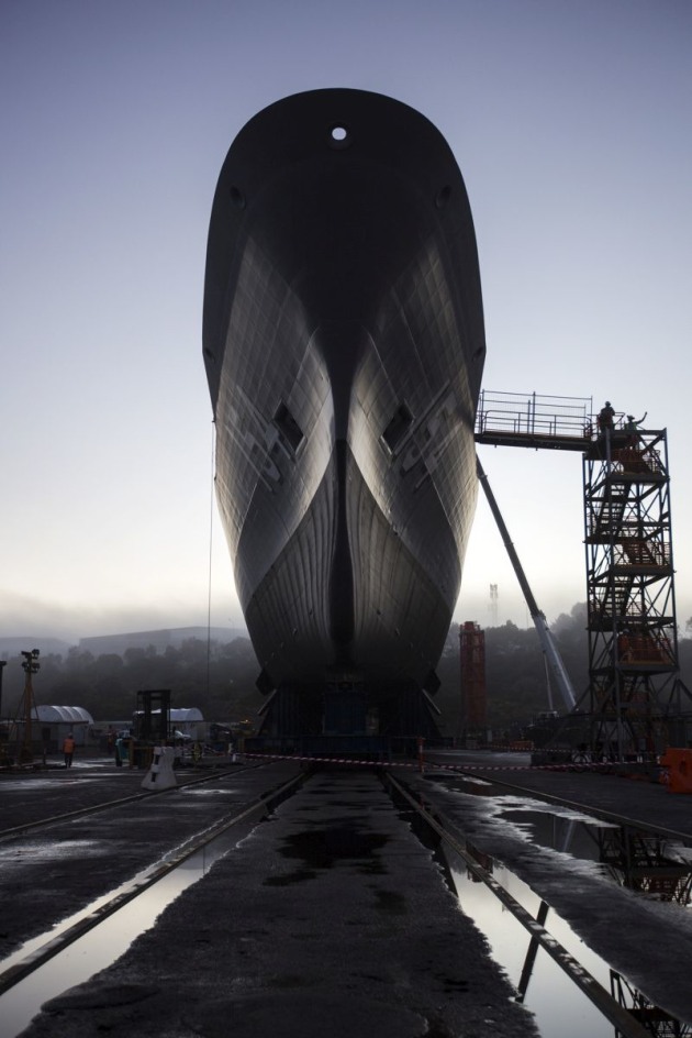 An Anzac class frigate high and dry at the common user facility, Australian Marine Complex, Henderson, WA. Credit: Defence