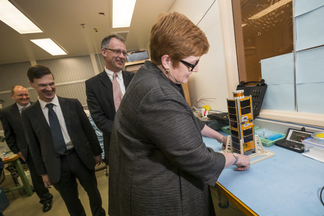 University of New South Wales (UNSW) Canberra Space's Flight Mission Lead Dr Doug Griffin shows Minister for Defence Senator the Hon Marise Payne the Buccaneer miniature satellite "cubesat". Defence