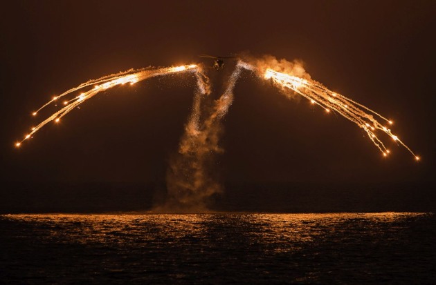 HMAS Arunta's S70-B Helicopter (Skeletor) fires decoy flares for exercise while on patrol in the Middle East region. Chemring Australia supplies a wide range of countermeasures to the ADF.