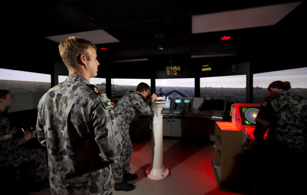 Junior Maritime Warfare Officers under instruction in the bridge simulator at HMAS Watson. (Defence)