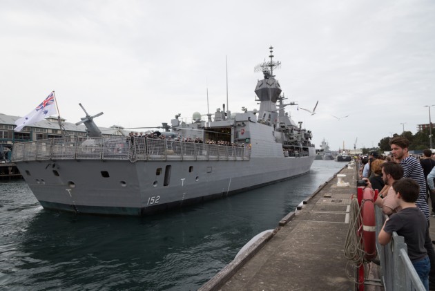 HMAS Warramunga pulls away from the wharf at Fleet Base East, Sydney on departure for Operation Manitou in the Middle East region. Her MH-60R Seahawk is visible on the flight deck. Credit: Defence