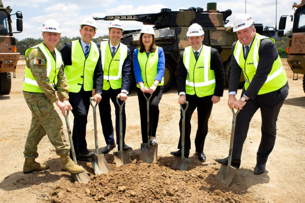 Major General David Coghlan; Minister for State Development Cameron Dick MP; Federal Minister for Defence Industry Steven Ciobo MP; Premier Annastacia Palaszczuk; Rheinmetall Defence Australia Managing Director Gary Stewart; Watpac Managing Director Martin Munro. Credit: Rheinmetall