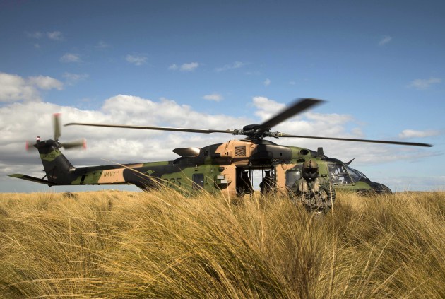 An MRH-90 Helicopter on Flinders Island in Tasmania during Exercise Ocean Explorer 2018. The island's defence sector has struggled to take off. Credit: Defence