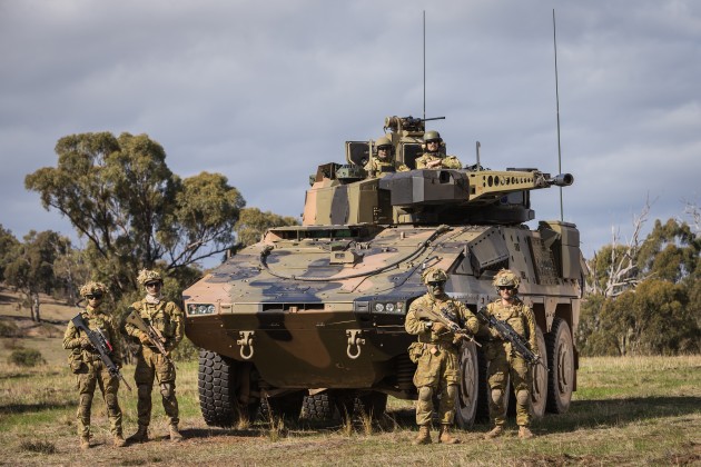 Australian Army soldiers with the Rheinmetall Boxer Combat Reconnaissance Vehicle during Exercise Chong Ju at Puckapunyal training area, Victoria, on 16 May 2018. Defence