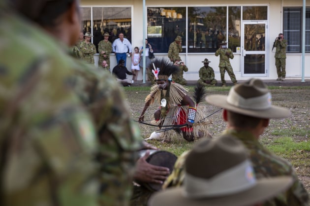 An Australian Army soldier from 51st Battalion, Far North Queensland Regiment performs a traditional Sarpeye Dance following a parade celebrating the formation of Regional Force Surveillance Group at Larrakeyah Barracks, Darwin. (Defence)