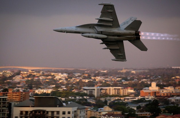 A RAAF EA-18G Growler from No. 6 Squadron flies low above the Kangaroo Point area as part of a display for Brisbane's Sunsuper Riverfire. Credit: Defence