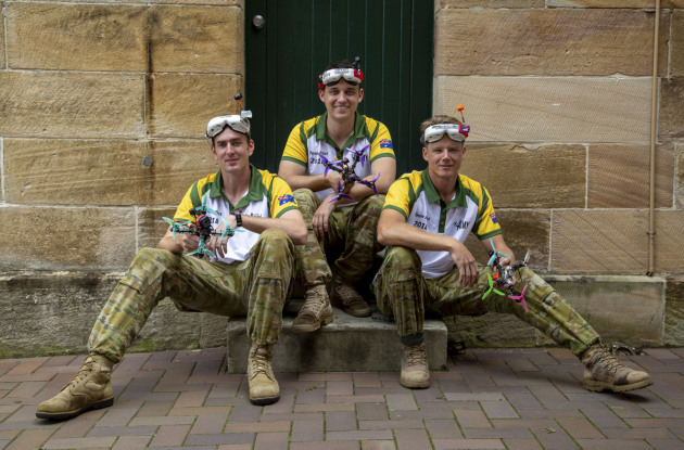 (l-r) Australian Army personnel, Lance Corporal Cameron Webster, Captain James Jenkins and Sapper Rhys Saville, represent the Australian Army during the International Drone Racing Tournament at Victoria Barracks, Sydney. Defence