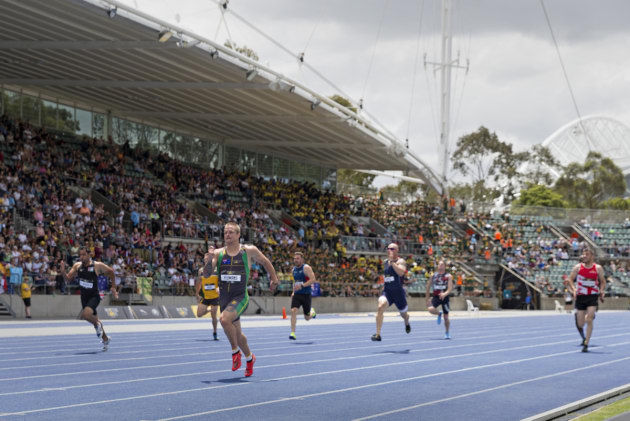 Australian Invictus Games 2018 competitor Benjamin Yeomans leads in the Men&rsquo;s IT7 200m Final during the Games at Sydney Olympic Park. Defence
