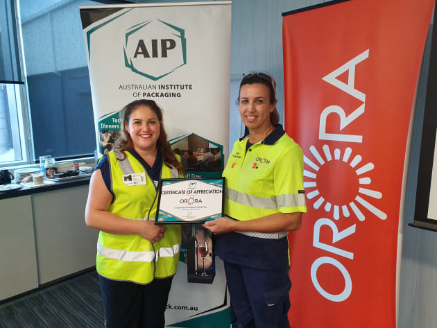 Joanne Cockerill, AIP NSW (left) thanks Orora's Cathy Parra.