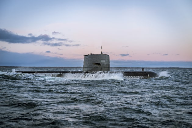 Sweden&rsquo;s HSMS Uppland at sea following
extensive midlife upgrade by Saab. (SAAB)