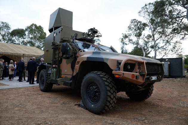 An Army Hawkei PMV with a mock-up of a CEA Technologies Tactical Radar. (Defence)