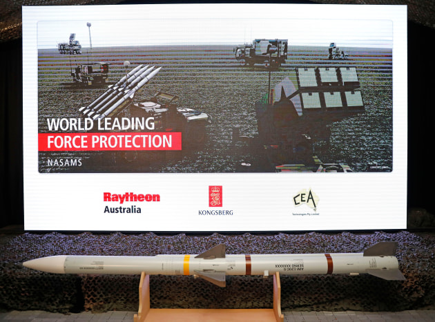 A mock-up of an AIM-120 AMRRAM missile on display as part of the Land 19 announcement. (Defence)