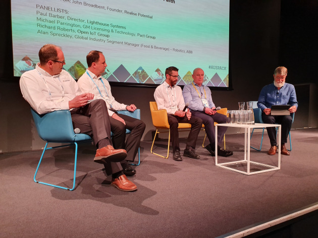 (L-R) Paul Barber of Lighthouse Systems, Pact Group's Michael Parrington, Richard Roberts of Open IIoT, Alan Spreckley of ABB, and John Broadbent.