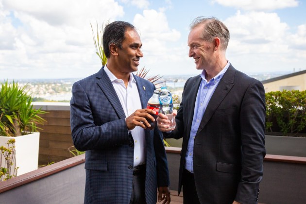 Stepping up the fight against plastic waste: Coca-Cola Australia president Vamsi Mohna Thati and Coca-Cola Amatil MD of Australian Beverages, Peter West.