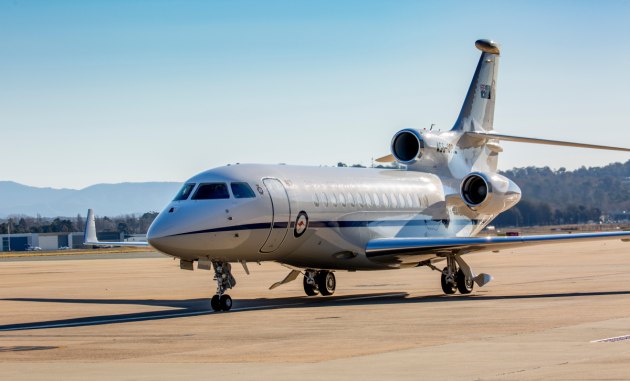 The third Royal Australian Air Force Falcon 7x arrives into Defence Establishment Fairbairn. Credit: Defence