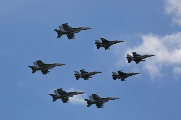 A mixed formation of F-16 Fighting Falcons from the Royal Thai Air Force (RTAF) and F/A-18F Super Hornets from the Royal Australian Air Force overfly RTAF Air Base Korat during Exercise Thai Boomerang 2019.
Credit: Defence