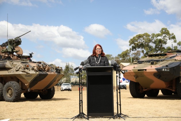 Minister for Defence Industry Melissa Price at the acceptance ceremony for the Australian Army&rsquo;s first Boxer vehicle. Defence
