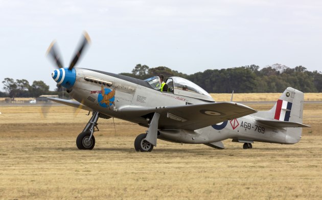 A Mustang aircraft taxis out for its aerial display during the Edinburgh Air Show.