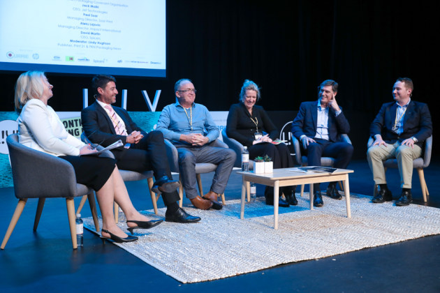 Sustainability challenges and solutions panel: L-R Lindy Hughson, Yaffa Media; Jack Malki, Jet Technologies; Fred Soar, Soar Print; Brooke Donnelly, APCO; David Martin, Spicers; and Aleks Lajovic, Impact International.