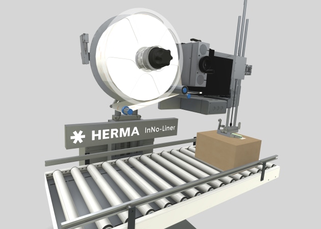 The Herma InNo-liner system is designed to apply labels to the side or top of outer shipper cartons or boxes of different heights that are fed to the applicator in any sequence.
