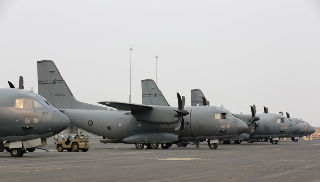 C-27J Spartans on the hardstand at RAAF Base East Sale prepare to move essential cargo and passengers in support of Operation Bushfire Assist 19-20. (Defence)