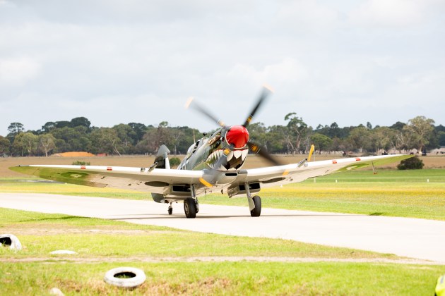 A Temora Museum Heritage Aircraft, Supermarine Spitfire Mk VIII, arrives at the airfield in preparation for the Tyabb Airshow 2020.