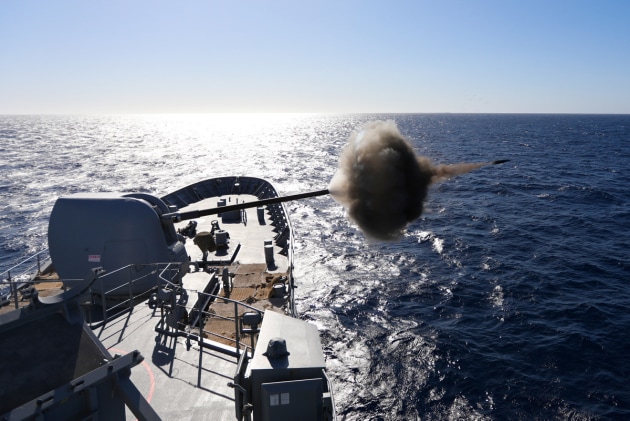 HMAS Arunta fires its 5-inch gun as part of a surface firing trial off the coast of Western Australia. (Defence)