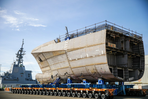 The Offshore Patrol Vessel (OPV) program has reached another milestone with the two halves of the first Arafura Class OPV coming together to form a complete hull. (Defence)