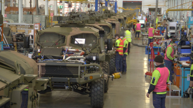 Army&rsquo;s Australian-designed Hawkei protected vehicles on the production line at the Thales Protected Vehicles facility in Bendigo, Victoria. (Defence)