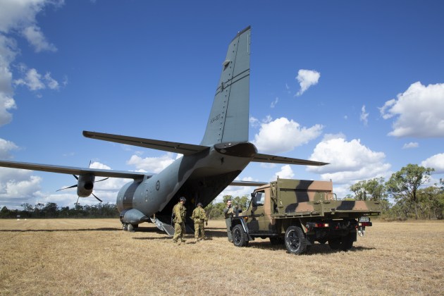 A G-Wagon is unloaded from No. 35 Squadron
C-27J Spartan A34-007 at Macrossan Airfield during an Exercise Ready Spartan Prove sortie. (Supplied)
