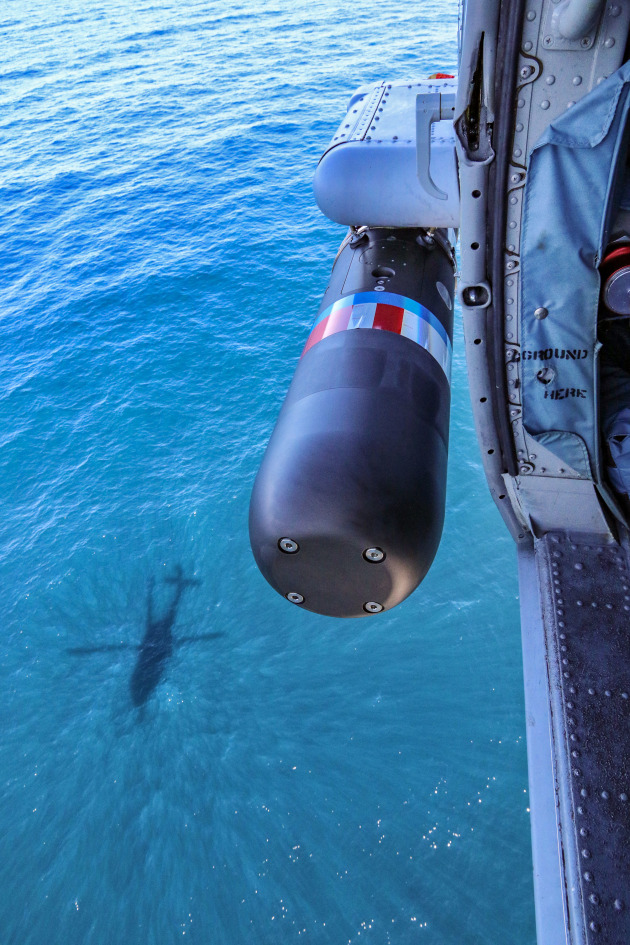 A Royal Australian Navy MH-60R Seahawk helicopter from 816 Squadron, Nowra, during a recoverable torpedo exercise with a Mark 54 Lightweight Hybrid Torpedo, off the coast of Jervis Bay, New South Wales.

Credit: Defence
