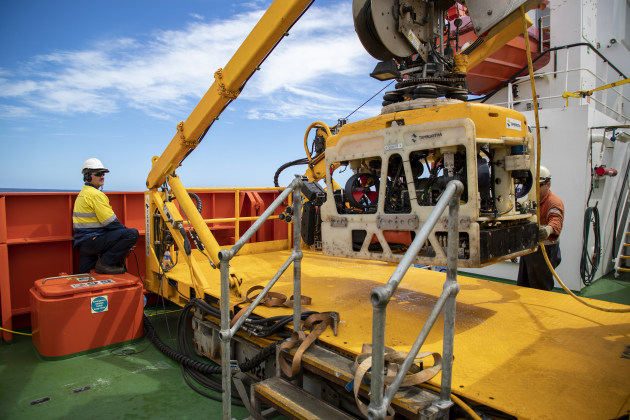 Paul Piercy from James Fisher Defence, conducts post operation checks on the embarked remotely operated vehicle onboard MV Besant during Exercise Black Carillion last year. (Supplied)