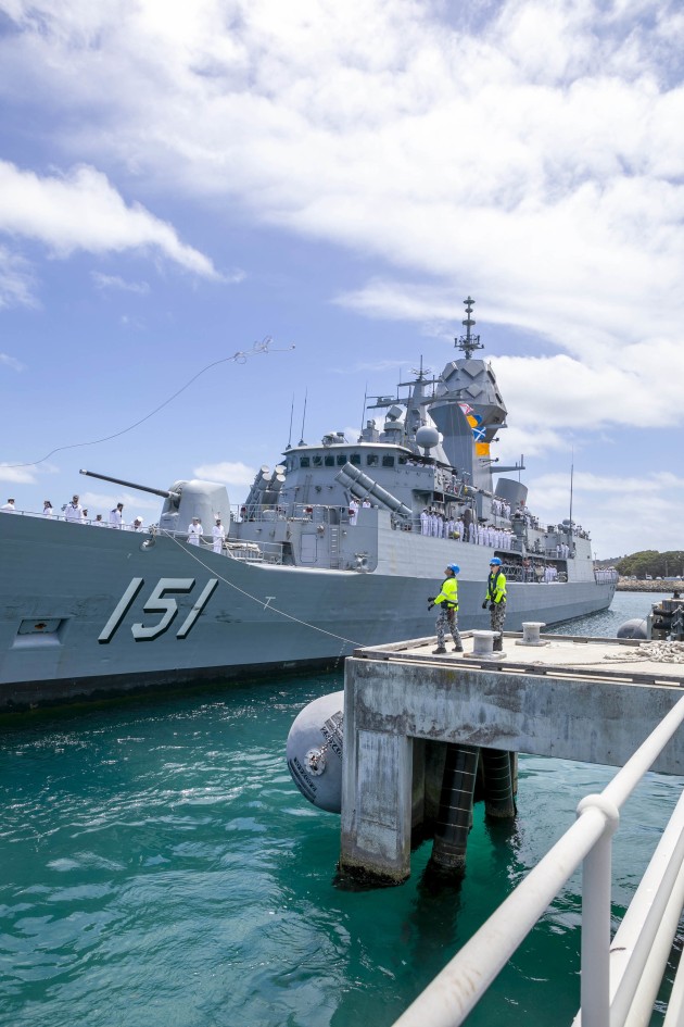 HMAS Arunta comes alongside Fleet Base West 
after completing a five month deployment. 

Credit: Defence