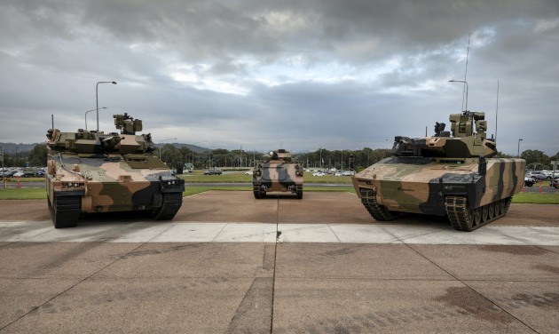 (l-r) Hanwha Defence Australia REDBACK Infantry Fighting Vehicle, Australian Army Armoured Personnel Carrier M1123 AS4, and Rheinmetall Defence Australia LYNX KF41 Infantry Fighting Vehicle at Russell Offices, Canberra. (Defence)