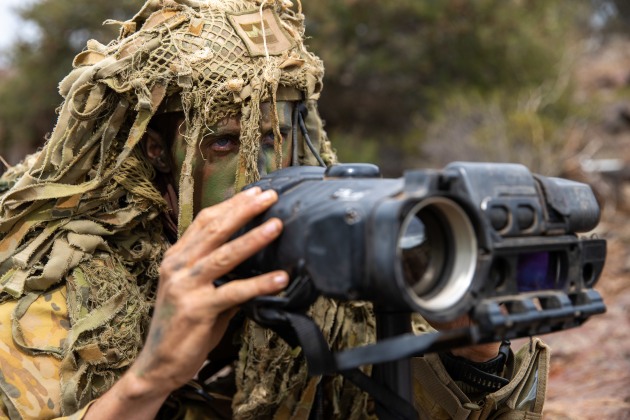 Australian Army forward observer Gunner Zeke Barker, from the 8th/12th Regiment, Royal Australian Artillery, uses the Sophie-MF long-range thermal imager to provide battlefield commentary as part of Exercise Maroon Dawn at Cultana Training Area, SA. (Defence)