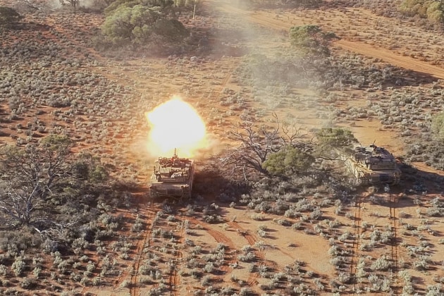 An M1A1 Abrams Main Battle Tank, from the 1st Armoured Regiment, fires its main armament during live-fire training at Cultana Training Area, South Australia. Credit: Defence