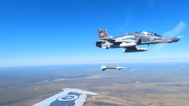 A Hawk 127 from No 76 Squadron releases a GBU-12 Laser Guided Bomb over Delamere Air Weapons Range. (Defence)