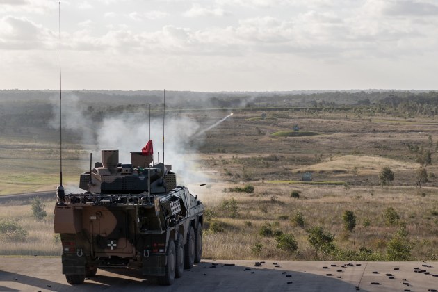 Soldiers from the 2nd/14th Light Horse Regiment (Queensland Mounted Infantry) conduct a live-fire shoot from an Australian Boxer Combat Reconnaissance Vehicle. (Defence)