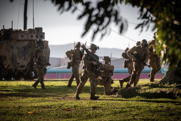 Australian Army soldiers from the 3rd Battalion, Royal Australian Regiment, engage simulated enemy forces during a firefight in Ingham, Queensland, as part of Exercise Talisman Sabre 2021. (Defence)