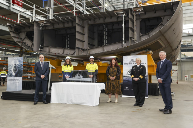 Minister for Defence Industry Melissa Price and Head of Maritime Systems, RADM Wendy Malcolm at the keel laying ceremony for OPV 'Gippsland' at Civmec's Henderson shipyard on 30 July 2021. (Defence)