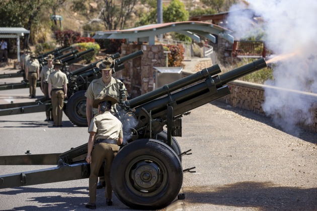 Australian Army Gunners from the 4th Regiment, Royal Australian Artillery fire the M2A2105mm Howitzer during the Royal Australian Artillery's 150th Birthday celebration at Townsville, QLD, on 1st August.