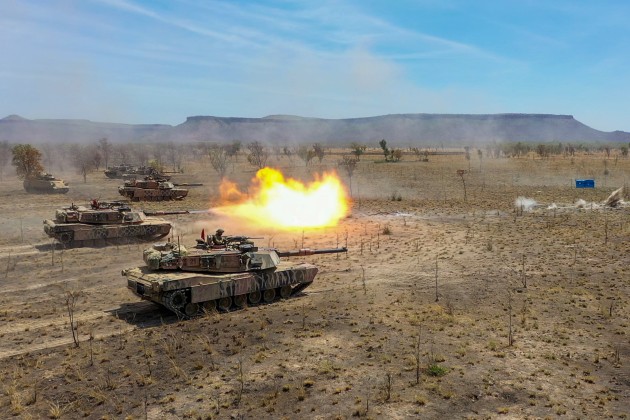 M1A1 Abrams Main Battle Tanks from the 1st Armoured Regiment live-fire their main armament in the Bradshaw Field Training Area.
Credit: Defence