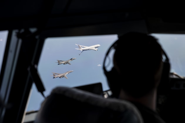 The transfer of fuel from the RAAF KC-30A provided the B-1Bs with the range to complete their mission. (Defence)
