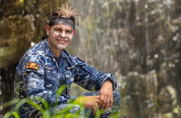 An Indigenous Liaison Officer at Morialta Falls, South Australia, during the creation of the RAAF Base Edinburgh &lsquo;Welcome to Country&rsquo; production. (Defence)