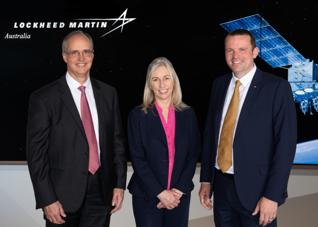 (L to R) David Ball, regional director, and Julia Dickinson, JP9102 chief engineer, Lockheed Martin Australia; with Dr Mark Rebentrost, advisory executive, Conscia. (Lockheed Martin)